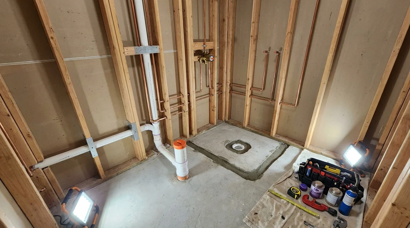 Bathroom rough-in plumbing during remodel by Johns Plumbing LLC in Bryn Mawr