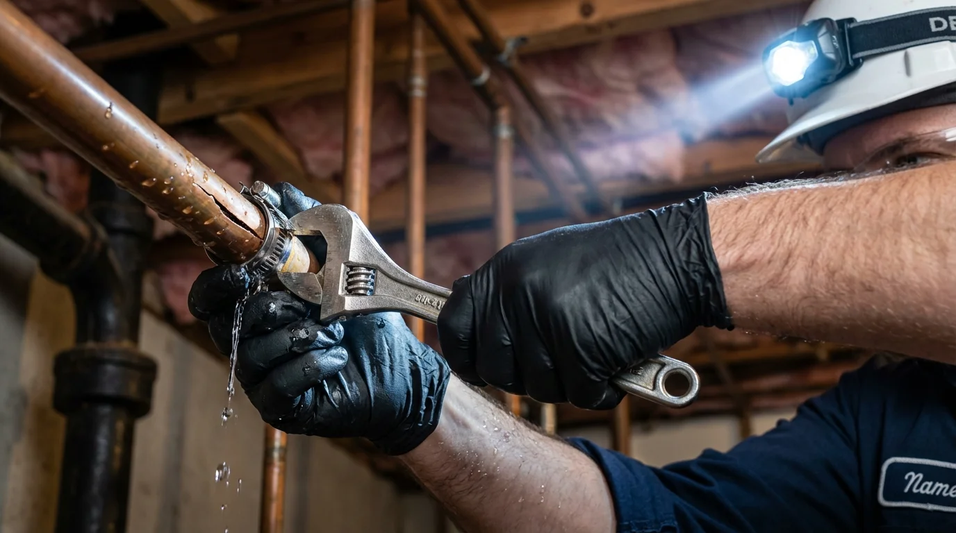 Emergency pipe clamp repair being performed by a Johns Plumbing LLC plumber in Bryn Mawr