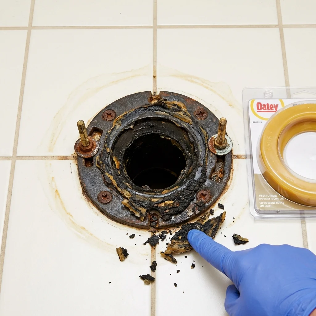 Failed wax ring showing water seepage at the base of a toilet in a Bryn Mawr, PA home