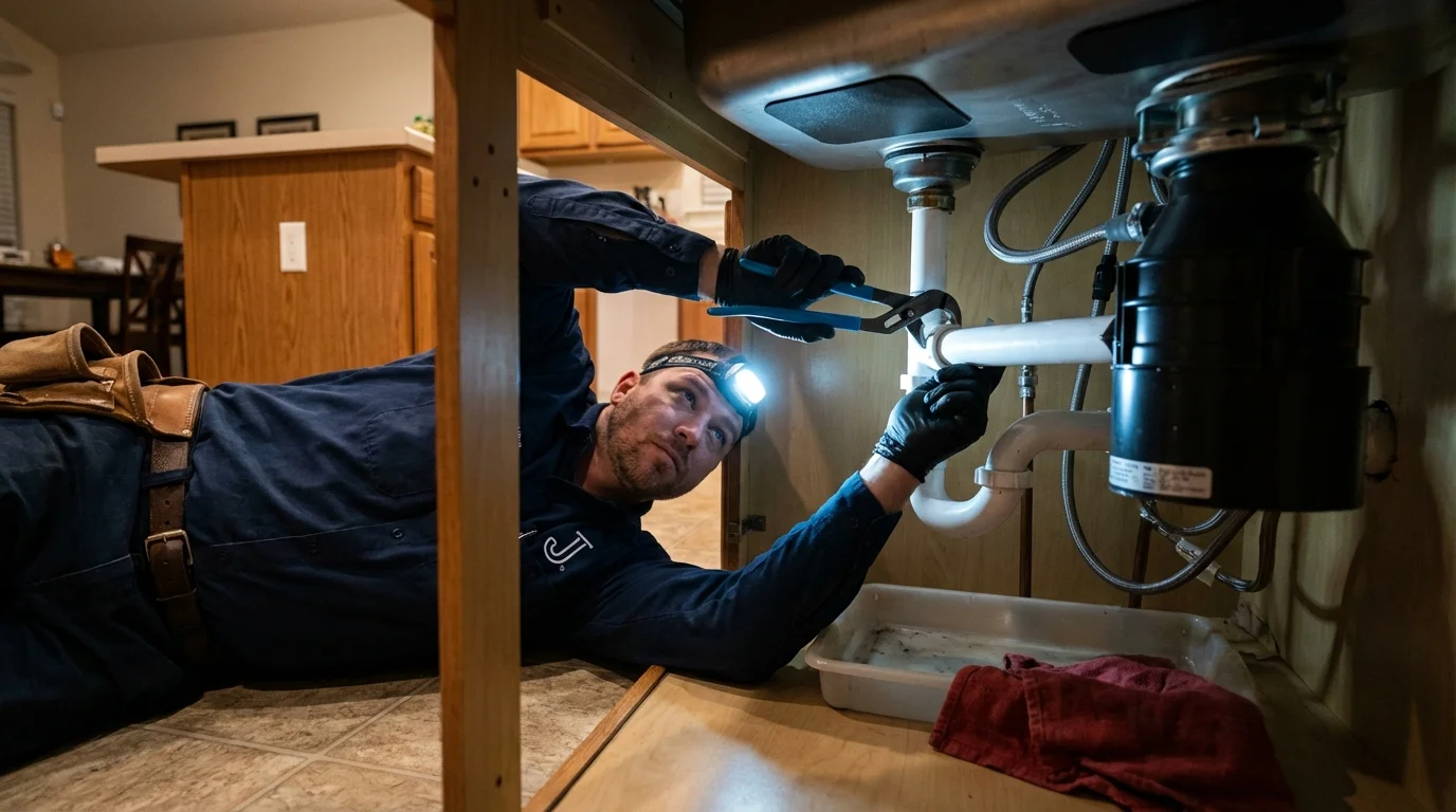 P-trap and supply line connections under a kitchen sink showing a common leak point in Bryn Mawr, PA